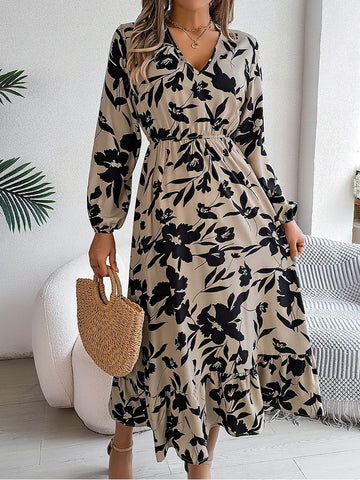 Sonicelife Long Sleeve Ruffles Floral Printed Maxi Dress Bohemian Holiday Dress Office Elegant V-Neck Dress Vestido Autumn