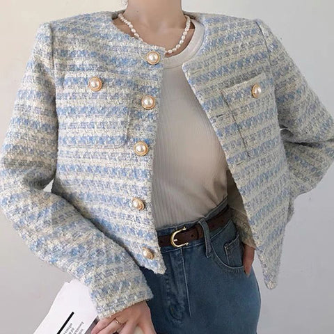 Sonicelife Vintage Crop Jackets Women Autumn Winter French Elegant Loose Preppy Style Coat O Neck All Match Casual Striped Jacket Tops