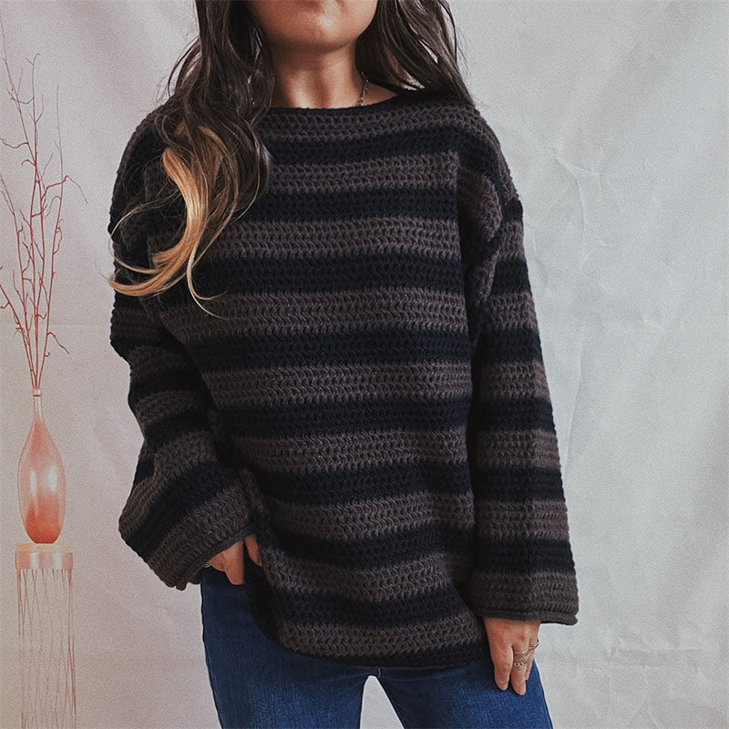 Black Friday Sonicelife Casual Knitted Striped Sweaters Women Vintage Loose Long Sleeve Pullover Sweater Female Autumn Thick Soft Versatile Knitwear