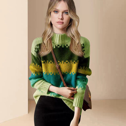 Sonicelife Retro American Striped Sweaters Women Casual Loose Streetwear Knitted Pullovers Fall Vintage Lady Turtleneck Design Jumpers