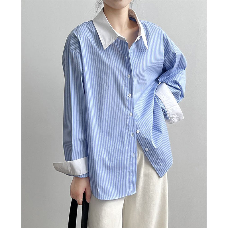 Sonicelife Elegant Women Striped Shirt Korean Casual Long Sleeve Patchwork Blouse Vintage Loose Female Fall Simple Sweet Retro Tops