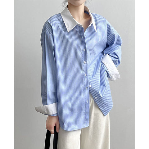 Sonicelife Elegant Women Striped Shirt Korean Casual Long Sleeve Patchwork Blouse Vintage Loose Female Fall Simple Sweet Retro Tops
