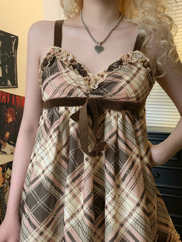 Sonicelife Y2k Vintage Plaid Camisole Women Streetwear Pastel Goth Bow Patchwork High Waist Loose Crop Tank Tops Cute Sweet Outfits