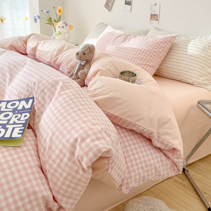 Sonicelife 2024 New Bedding Set Ins Nordic Style Pink Grid Washed Cotton 4 pcs Bed Sheet Set For Girls Duvet Cover and Pillowcase