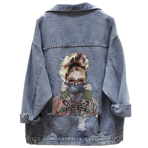 Sonicelife 2025 Autumn New Denim Jacket Women Harajuku Printed Frayed Beading Loose Casual Jeans Jacket Coat Outwear Female Jacket P521