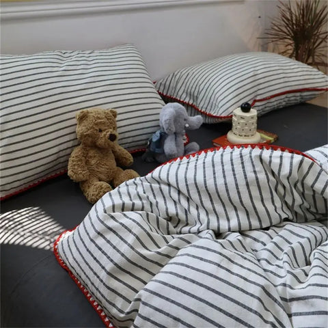 Sonicelife Minimalist Style Green Strip Bedding Sheet Ins Nordic Duvet Cover Set Home Luxury Bedding Set Bed Sheets Comfortable Bedspread