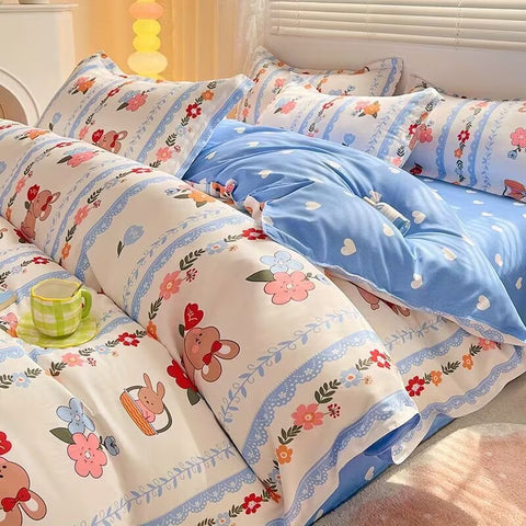 Sonicelife Ins Cartoon Rabbit Duvet Cover Set Soft Blue Flat Sheet Quilt Cover Pillowcase Bed Linen Twin Queen Full Size Floral Bedding Set