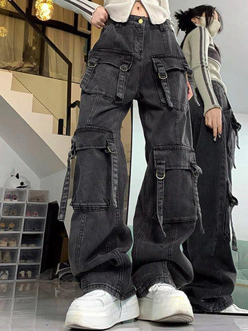 Sonicelife-Street Multi Pocket High Rise Cargo Jeans