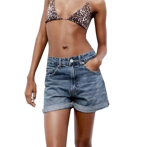 Sonicelife Women's new denim shorts, loose and comfortable, versatile high waisted straight leg curled edge shorts
