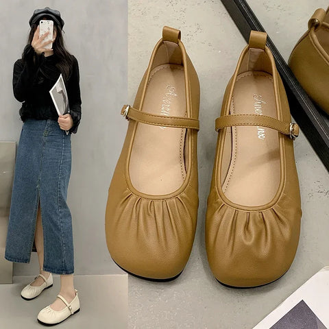 Sonicelife 2024 Autumn Women Flat Shoes Fashion Pleated Round Toe Shallow Slip on Ballet Shoes Flat Heel  Soft Ballerina Mary Jane Shoes