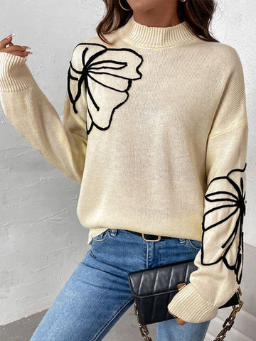 Black Friday Sonicelife Casual Knitted Turtleneck Sweaters Women Retro Loose Flower Printed Pullover Sweater Female Autumn Thin Chic Versatile Tops