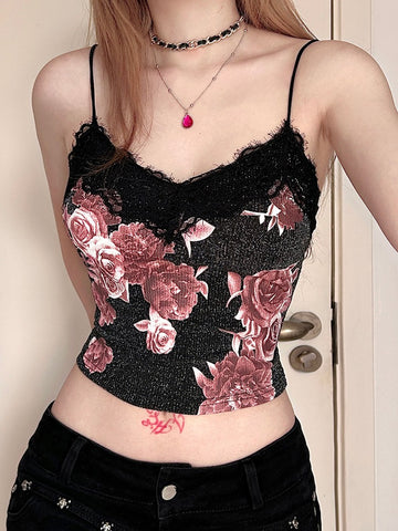 Sonicelife Vintage Aesthetic Camisole Women Y2k E-girl Soft Goth Streetwear Florals Printed Lace Patchwork Crop Tank Tops Female
