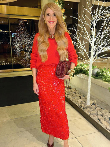 Sonicelife Fashion Red Sequins Skirt For Women Solid Long High Waist Skirt 2025 New Year Christmas Lady Street New Dress