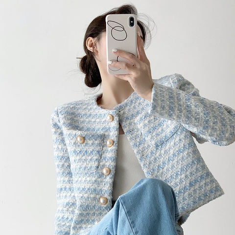 Sonicelife Vintage Crop Jackets Women Autumn Winter French Elegant Loose Preppy Style Coat O Neck All Match Casual Striped Jacket Tops