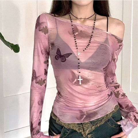 Sonicelife 2025 Sweet Two Pieces Set Long Sleeve T Shirts + Sleeveless Tank Top Grunge Y2k Aesthetic Butterfly Printing See Through Tops