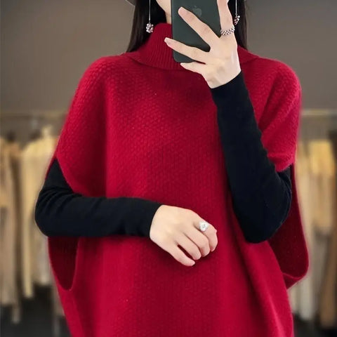 christmas outfit Sonicelife Vintage Autumn Winter Women Sweater Vest Solid New Thicken Turtleneck Batwing Sleeve Fashion Loose Sleeveless Knitted Coat Tops