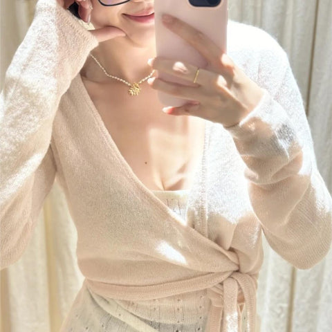 Sonicelife Lace-up Autumn Sweet Chic Sweater For Women V-neck Long Sleeve Slim Winter Pullovers Solid Pink Sweet Knitting Top Woman New