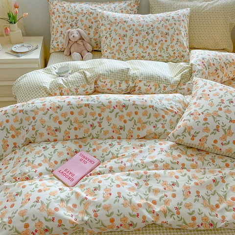 Sonicelife Floral Bedding Set Ins Lilac Duvet Cover with Zipper No Filler Flat Sheet Pillowcase Twin Full Queen Size Girls Bed Linens