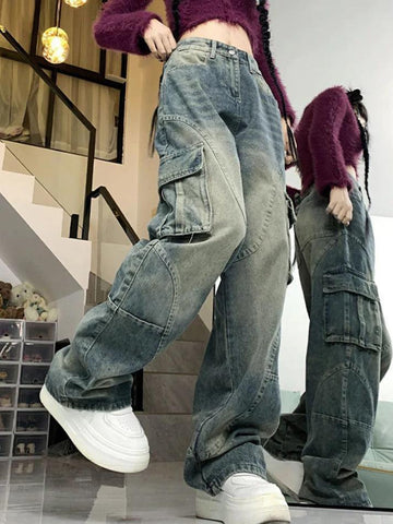 Sonicelife-Street Multi Pocket Splice Cargo Jeans