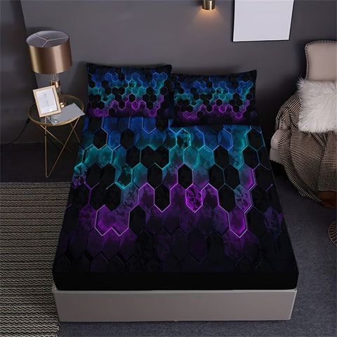 Sonicelife Fashion Cell Geometric Print Fitted Sheet Set Mattress Cover Bedding Soft Breathable Bedding Set with Deep Pocket for Bedroom
