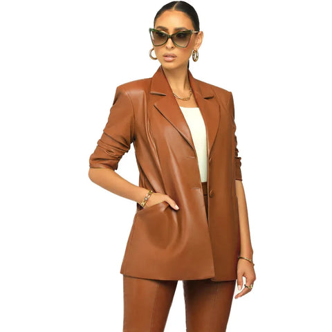 thanksgiving outfit Sonicelife Women's Slimming Lapel PU Leather Suit Jacket Skirt Set Professional Style Independent Station WISH Explosion Model Autumn Winte