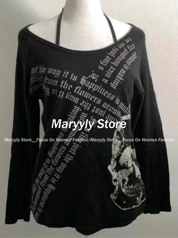 Sonicelife Gothic Vintage Print Long Sleeve T Shirts Women Clothes Harajuku Diamond Black Tees Bandage Casual Fashion T-shirt Y2k Tops New