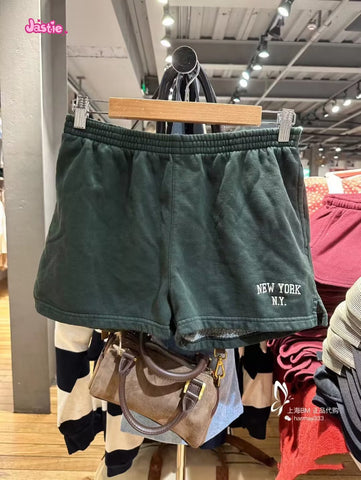 Sonicelife Letter Embroidery Shorts Spring Elastic High Waist Casual Sweatpants Woman American Vintage green Streetwear Y2k Short Pants