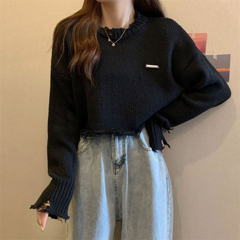 Black Friday Sonicelife Hollow Out Knitted Sweater Women Long-Sleeved Harajuku Y2K Chic Loose Lazy Pullover Hip-Hop Spring Fall Female Cropped Tops