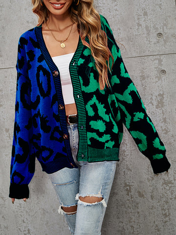 christmas outfit Sonicelife Long Sleeves Loose Buttoned Leopard Split-Joint V-Neck Cardigan Tops