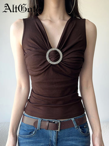 Sonicelife Vintage Y2k Brown Vest Women Mall Gothic Streetwear Harajuku Ring V-neck Tank Tops New Fashion Grunge Rave Outfits Femme