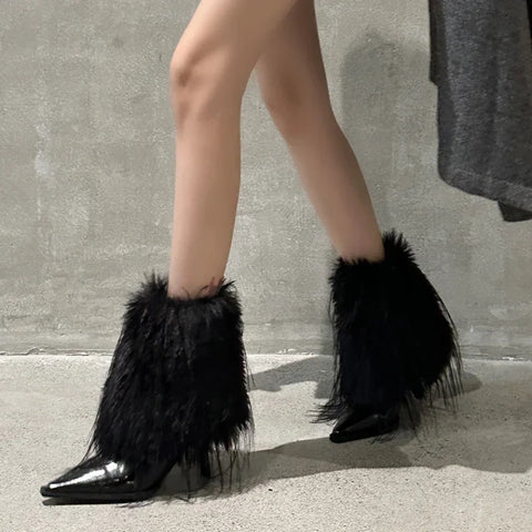 Sonicelife Fur High Heels Women Ankle Chelsea Boots Fashion Pointed Toe Shoes Designer 2024 New Winter Trend Dress Gladiator Zapatos Femme