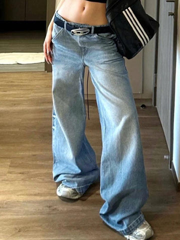 Sonicelife-Washed Big Pocket Patchwork Loose Boyfriend Jeans