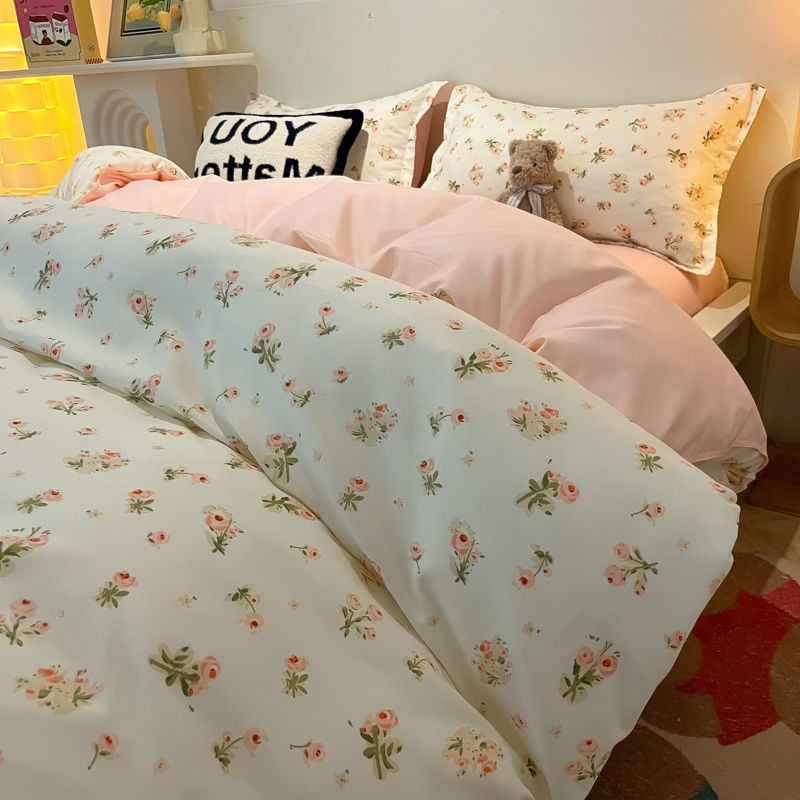 Sonicelife White Pink Bedding Set Ins Floral Twin Queen Size Duvet Cover Flat Sheet Pillowcase No Filler Girl Boy Home Dormitory Bed Linens