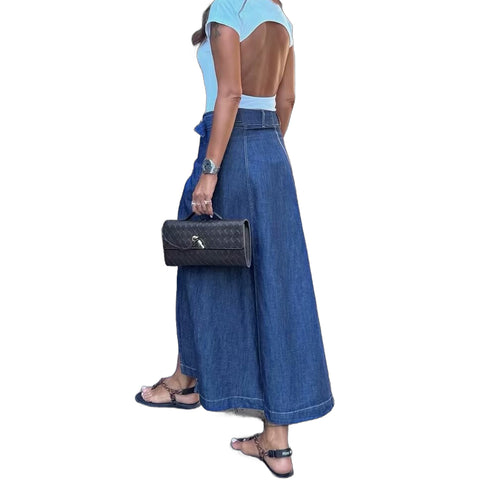 Sonicelife Women's Denim Skirt with Front Slit Waistband Decoration Versatile Half Length Skirt for Commuting Temperament New