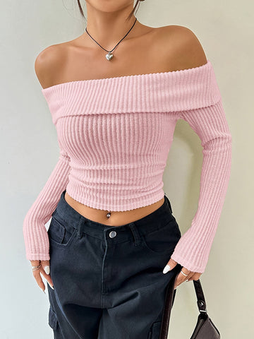 christmas outfit Sonicelife Long Sleeves Skinny Pleated Solid Color Split-Joint Off-The-Shoulder Sweater Tops