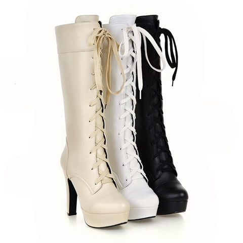 thanksgiving outfit Sonicelife British Ladies Knee High Boots Round Toe Lace Up 12CM Platforms Spike Heels Shoes Size 31-45 White A4206