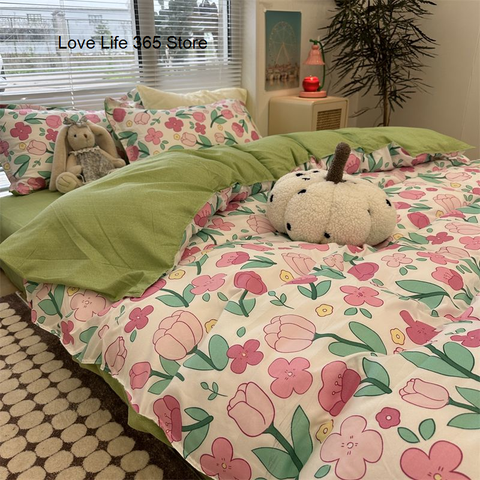 Sonicelife Pastoral Floral Rose Bedding Sets Flat Bed Sheet Duvet Cover Single Double Full Queen King Bedclothes Ins Pure Bedroom Linen