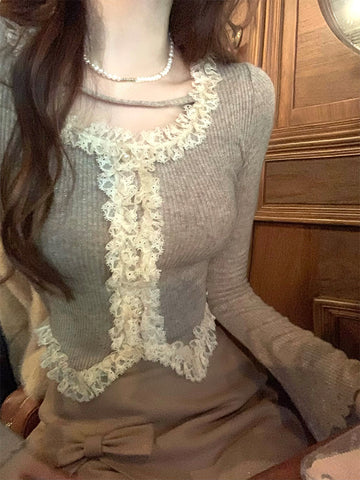 Sonicelife 2025 Autumn Pure Color Slim Knitted Sweater Tops Outwear Casual Korean Fashion Blouse Basic Elegant Lace Y2k Clothing Woman Chic