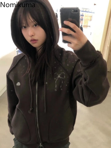 Sonicelife Streetwear Hoodies Coat 2025 Women Clothing Hooded Zipper Bow Print Sweet Jackets Y2k Tops Casual Fashion Sweatshirts Ropa Mujer