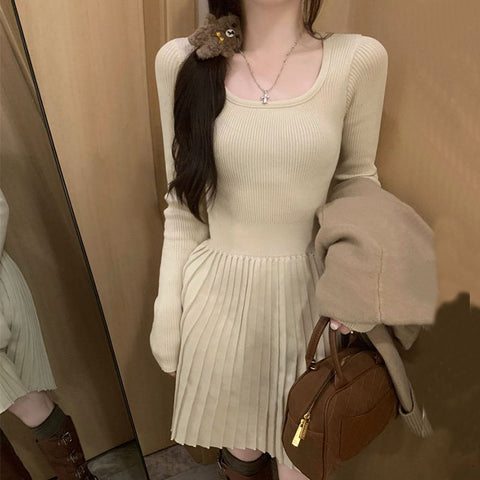 Sonicelife Grey Long Sleeve Knit Dresses Women Korean Vintage Slim Mini Dress Fashion Preppy Style Pleated Dress Female Autumn Winter New