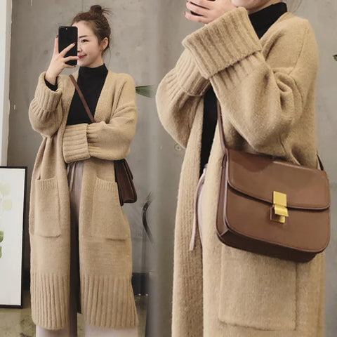 christmas outfit Sonicelife Autumn Winter Knitted Cardigan Women Sweater Jacket 2025 Elegant Vintage Loose Long Outerwear Maxi Y2k Sweater Coat Soft Jacket