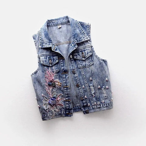 Sonicelife 2025 Denim Women Vest Pearl Fashion Ripped Autumn Jeans Jacket Sleeveless Loose Short Coat Streetwear Beaded Flower Denim Vest