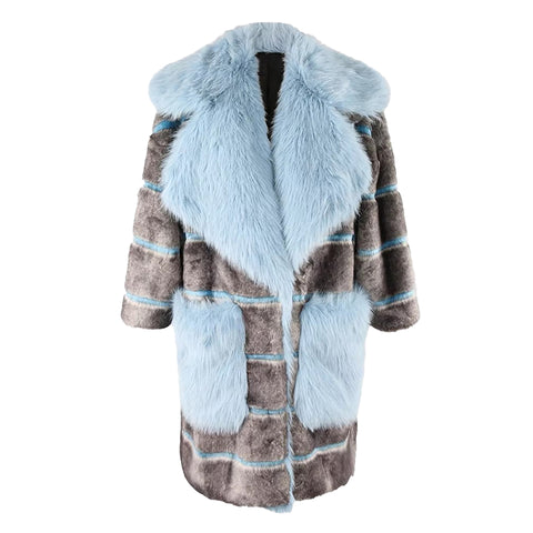 christmas outfit Sonicelife Nerazzurri Autumn Winter Long Thick Warm Blue Striped Patchwork Faux Fur Coat Women Loose Casual Luxury Chic Korean Fashion 2025