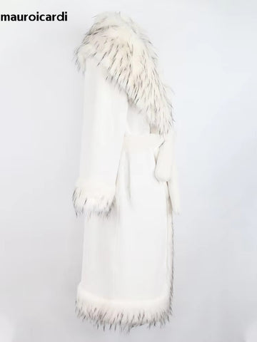 christmas outfit Sonicelife Winter Long White Thick Warm Luxury Elegant Fluffy Faux Fur Coat Women with Fake Fox Fur Trim Sashes Furry Overcoat