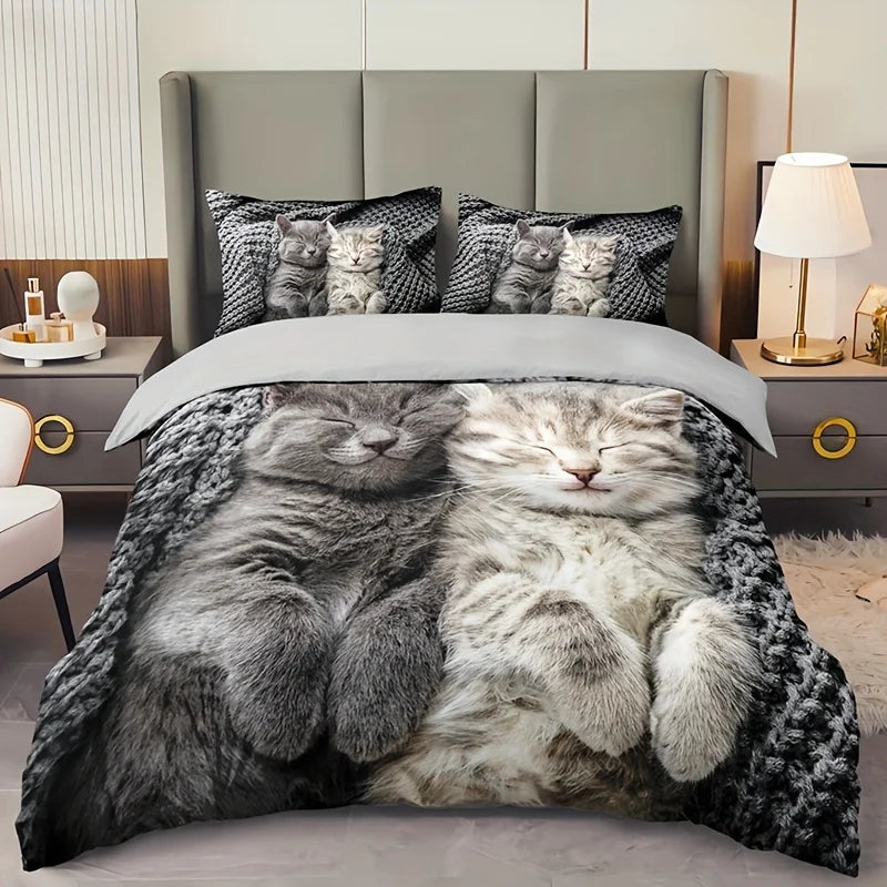 Sonicelife 3pcs Cat Animal Duvet Cover Set 3D Cute Pet Cat HD Printing Bedding For Home Dorm