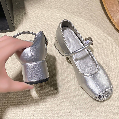 Sonicelife Bling Mixed Color Ballet Shoes Flat with Round Toe Buckle Strap Black Silvery Shallow Mary Jane Shoes Summer Elegant Dress Shoes