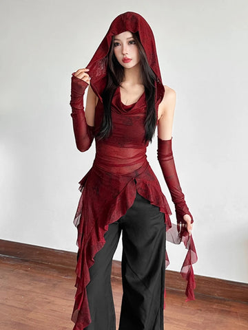 Sonicelife Cyber Punk Streetwear Vest Women Dark Gothic Y2k Harajuku Sexy See Through Hooded Crop Tank Tops Emo Alt Grunge Outfit