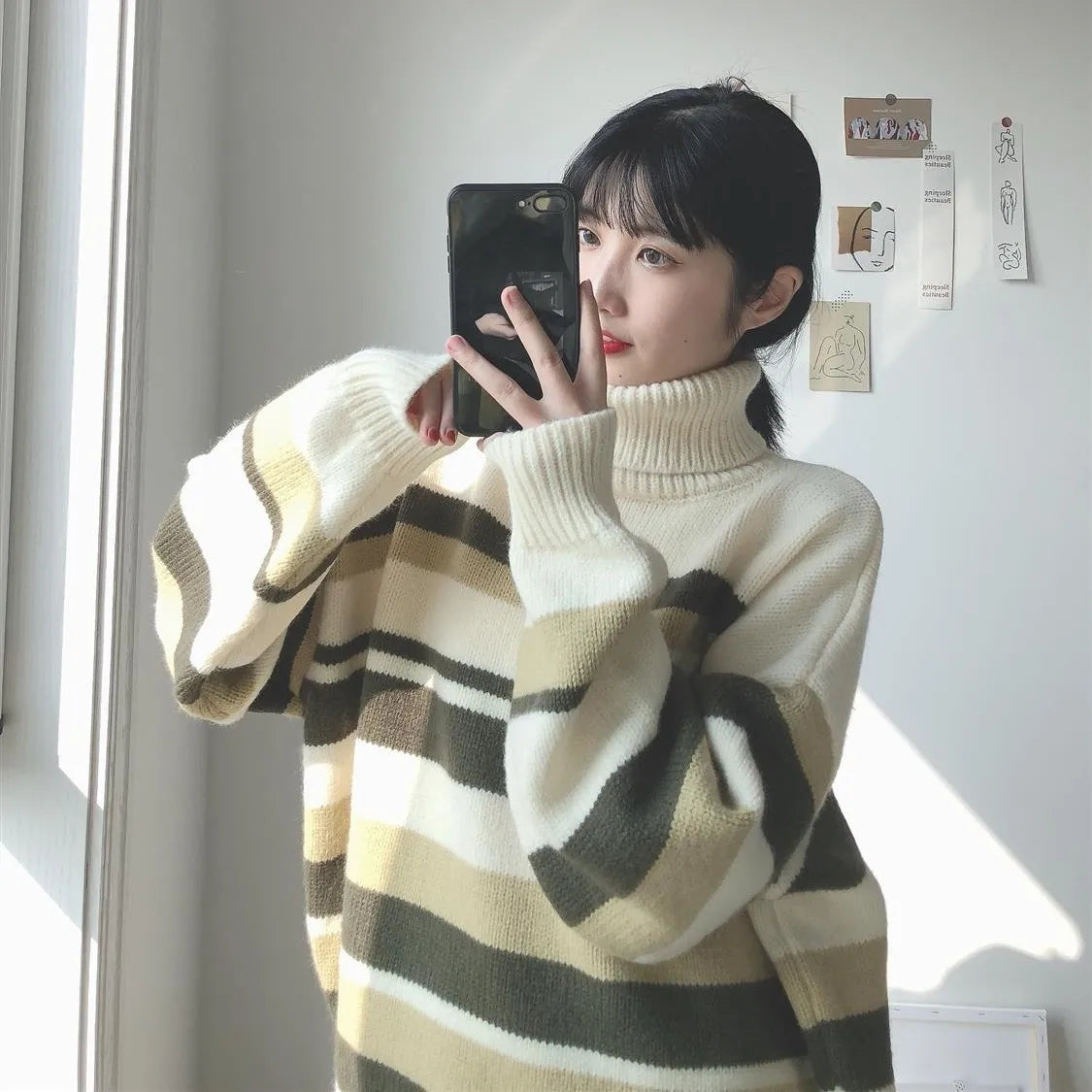 Black Friday Sonicelife Zoki Turtleneck Sweaters Women Vintage Striped Fall Winter Casual Thicken Warm Preppy Pullovers Baggy All Match Knitwear Jumper