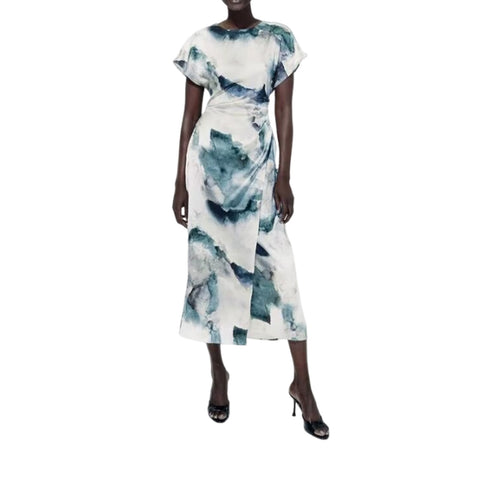 Sonicelife Women's Short Sleeved Pleated Dress, Round Neck Tie Dye Silk Satin Printed, Casual Temperament, Versatile, New