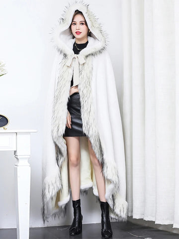 christmas outfit Sonicelife Winter Elegant Luxury Extra Long Oversized Thick Warm Black Faux Fur Cloak Poncho Coat Women with Fake Fox Fur Trim